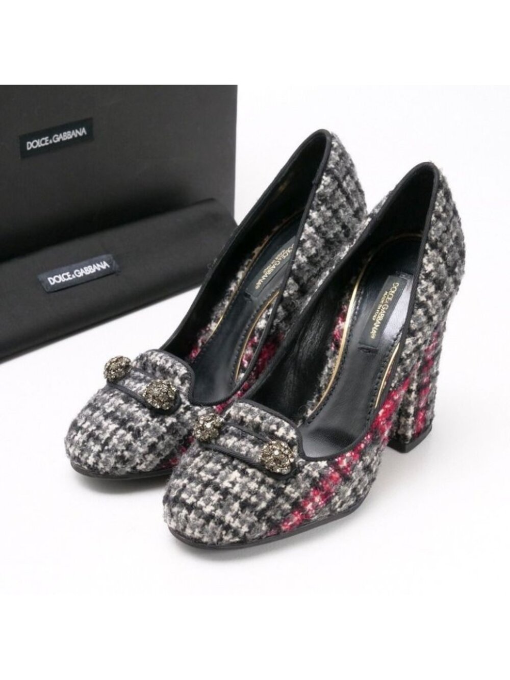 Dolce & Gabbana Pumps Shoes Chunky Heel Tweed Bijoux Decoration Gray 35.5